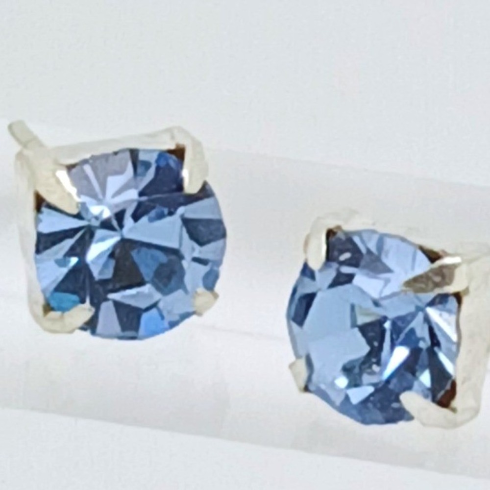 Vintage‎ Sterling Silver Birthstone March Aquamarine Blue Crystal Stud Earrings